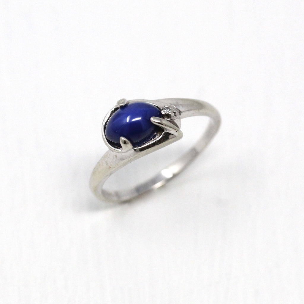 Sale - Created Star Sapphire Ring - Vintage 14k White Gold Genuine Diamond Bypass - Retro Size 5 1/2 Oval Blue Cabochon 1960s Fine Jewelry