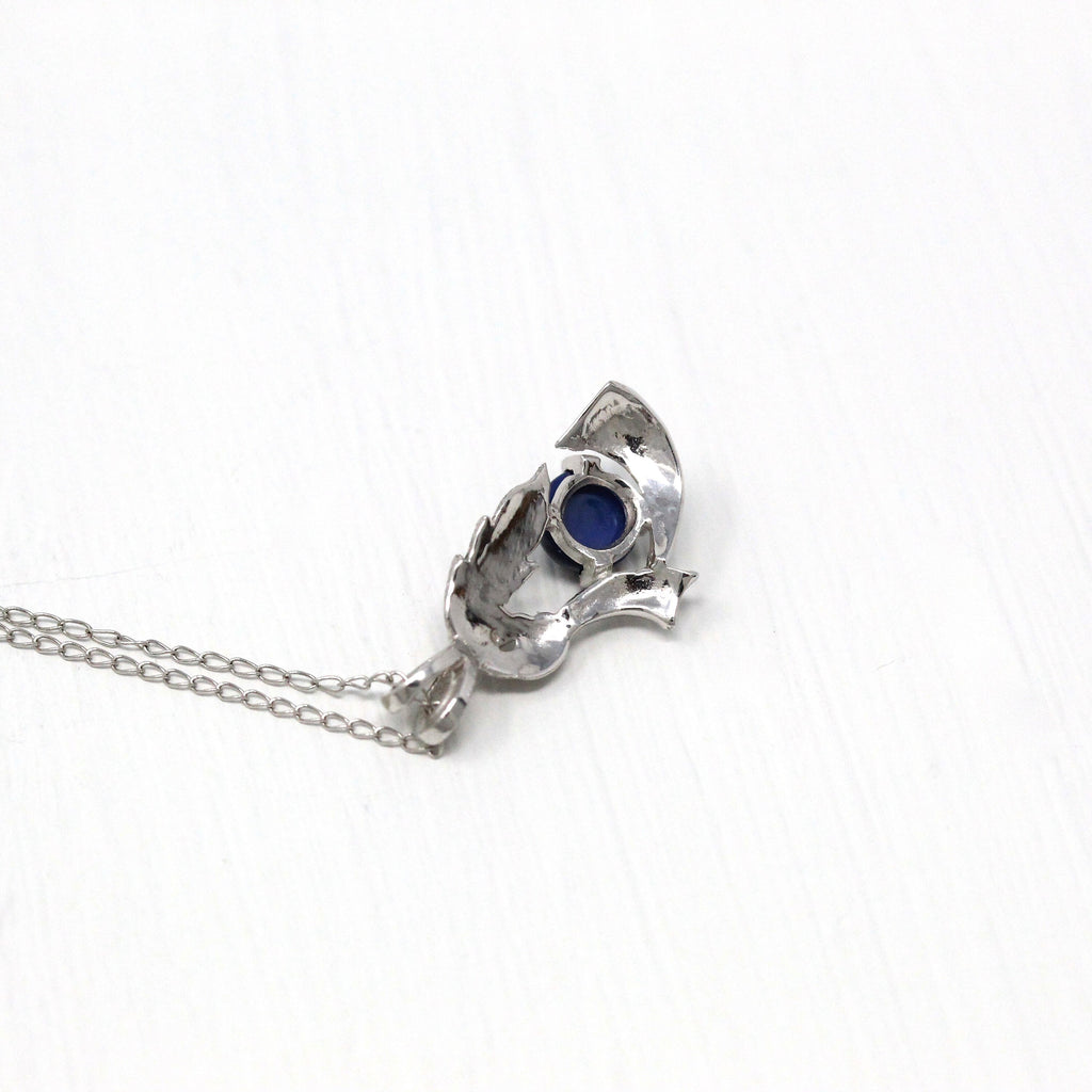 Sale - Created Star Sapphire Necklace - Retro 14k White Gold Genuine .02 CT Diamond Gemstone - Vintage 1970s Era Pendant Charm Fine Jewelry