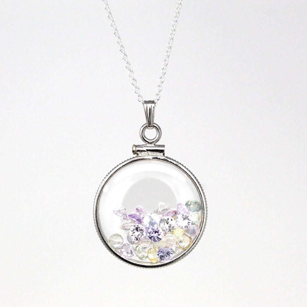 Gemstone Shaker Locket - Handcrafted Sterling Silver Lucite Pendant Necklace Charm - Genuine 4.5 CTW Pastel Round Faceted Sapphires Jewelry
