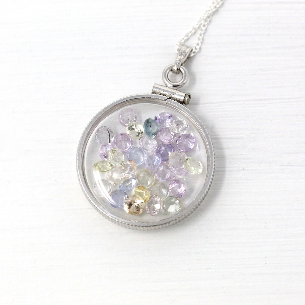 Gemstone Shaker Locket - Handcrafted Sterling Silver Lucite Pendant Necklace Charm - Genuine 4.5 CTW Pastel Round Faceted Sapphires Jewelry