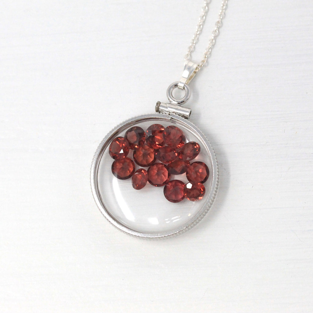 Garnet Shaker Locket - Handcrafted Sterling Silver Lucite Pendant Necklace Charm - Genuine 4 mm 4 CTW Round Faceted Red Gemstones Jewelry