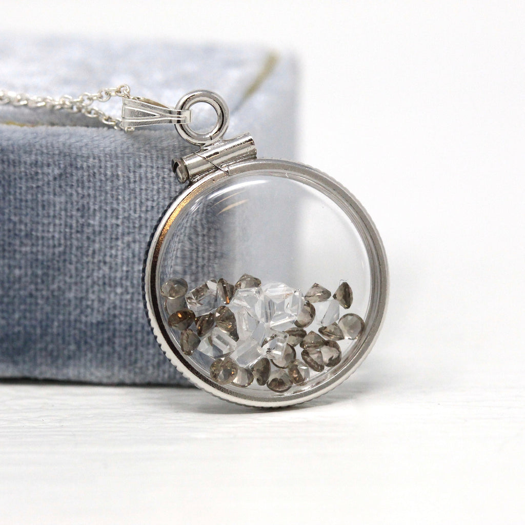Gemstone Shaker Locket - Handcrafted Sterling Silver Lucite Pendant Necklace Charm - Genuine Smoky Quartz & White Topaz 1.5 CTW Gems Jewelry