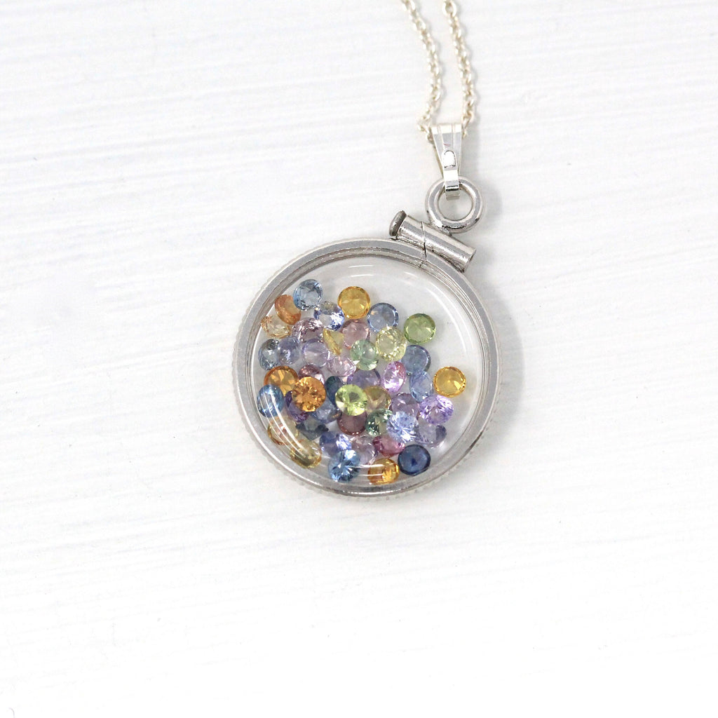 Rainbow Sapphire Shaker Locket - Handcrafted Sterling Silver Lucite Genuine 2.5 CTW Gemstones Pendant - Round Faceted Gems Necklace Jewelry