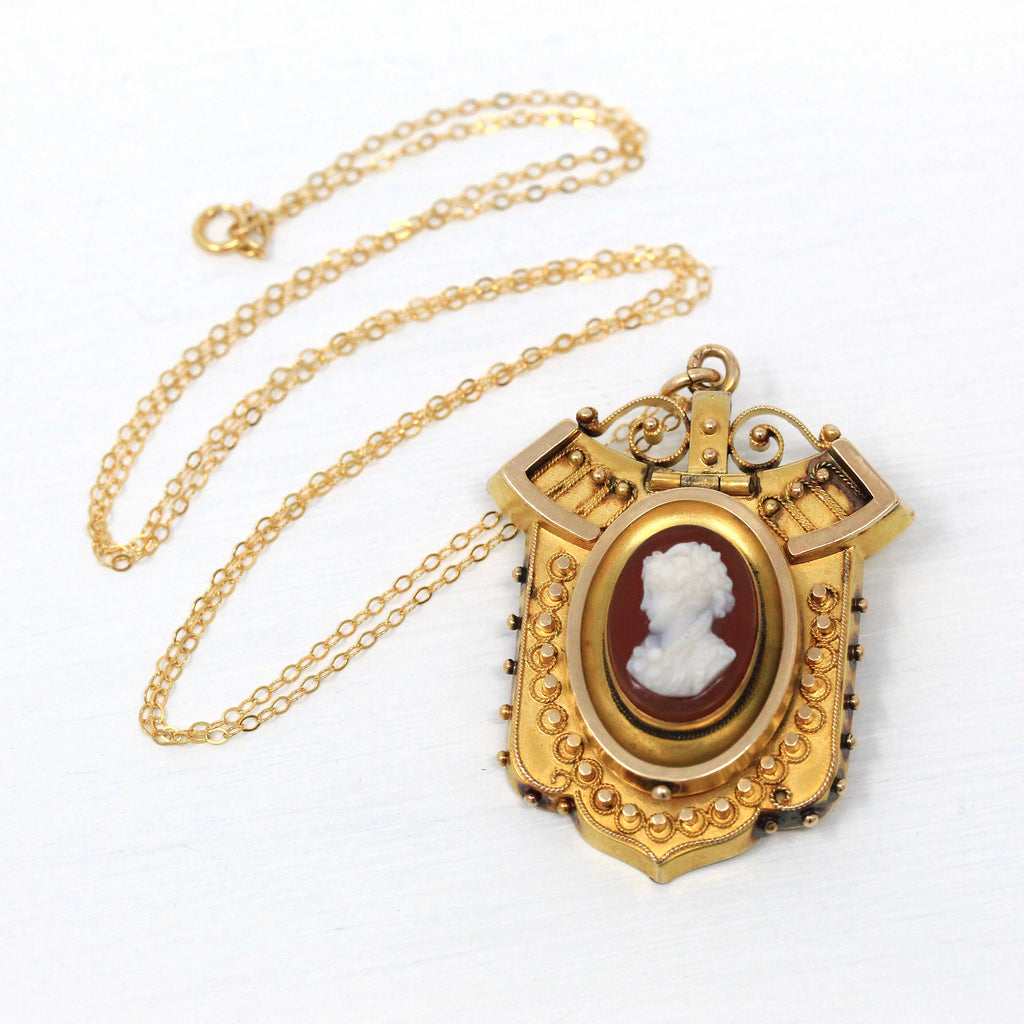 Sale - Victorian Cameo Locket - Antique 10k Yellow Gold Sardonyx Pendant Necklace - Victorian 1890s Statement Fine Etruscan Revival Jewelry