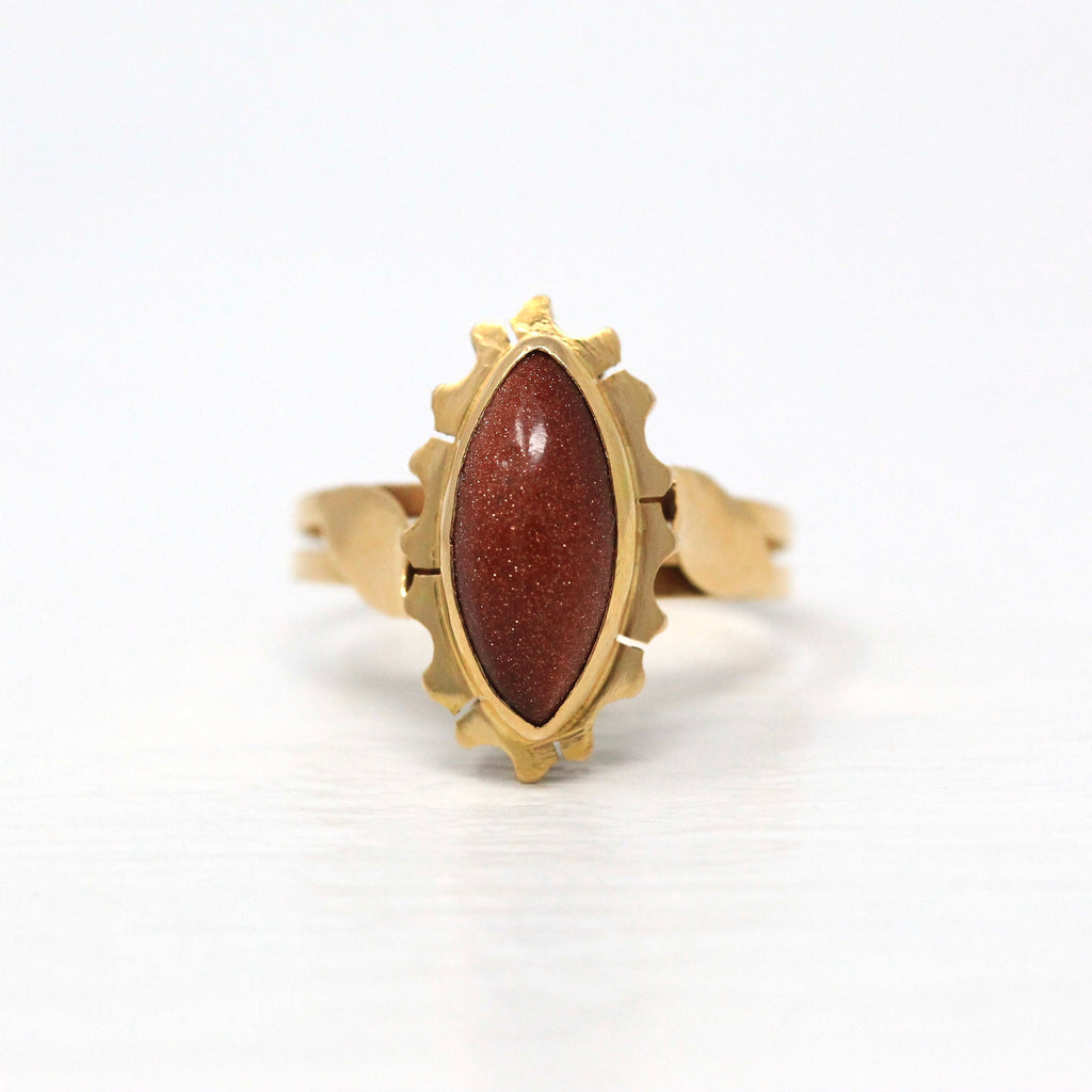 Sale - Vintage Goldstone Ring - Retro 14k Yellow Gold Marquise Cabochon Flower Statement - Circa 1940s Size 7 3/4 Floral 40s Fine Jewelry