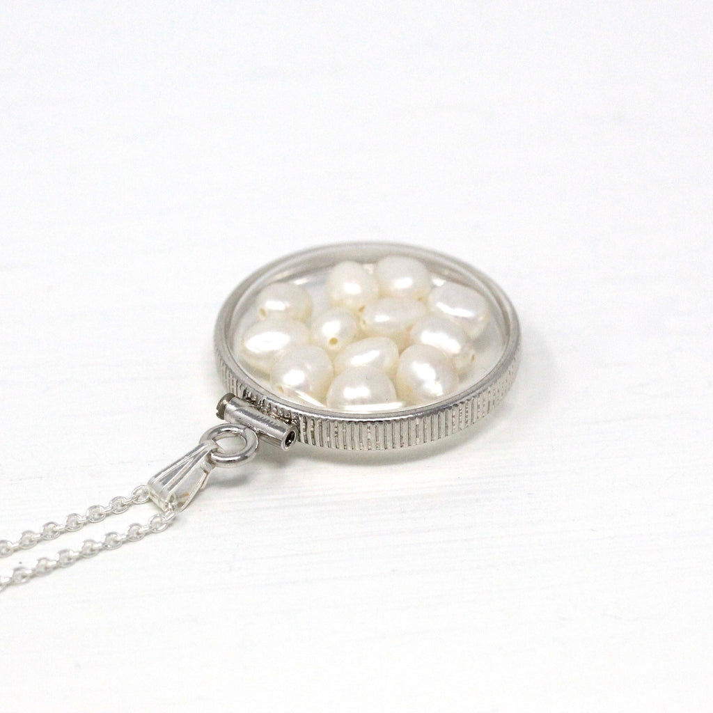 Baroque Pearl Shaker Locket - Handcrafted Sterling Silver Lucite Pendant Necklace Charm - June Birthstone Coin Bezel Nickel Sized Jewelry