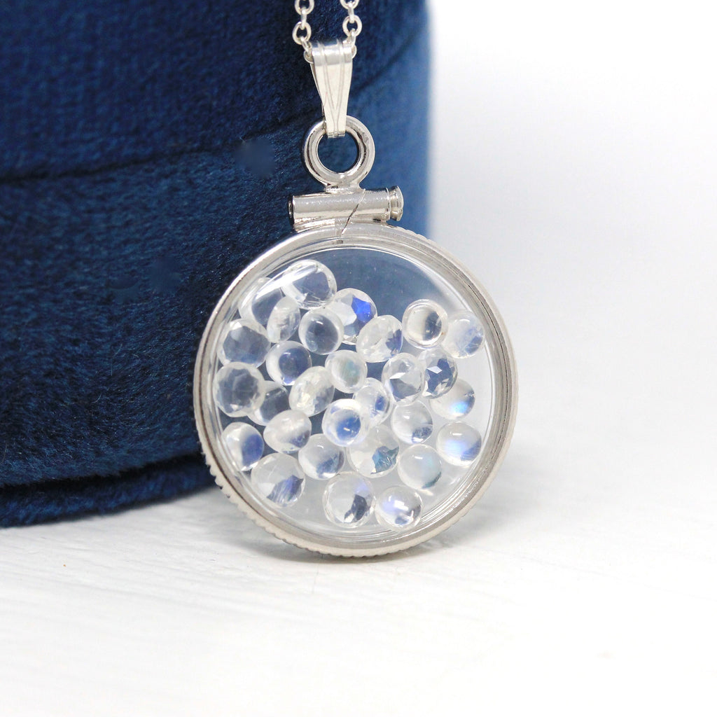 Moonstone Shaker Locket - Handcrafted Sterling Silver Lucite Dime Pendant Necklace Charm - Genuine 2.5 CTW Adularescence Gemstones Jewelry