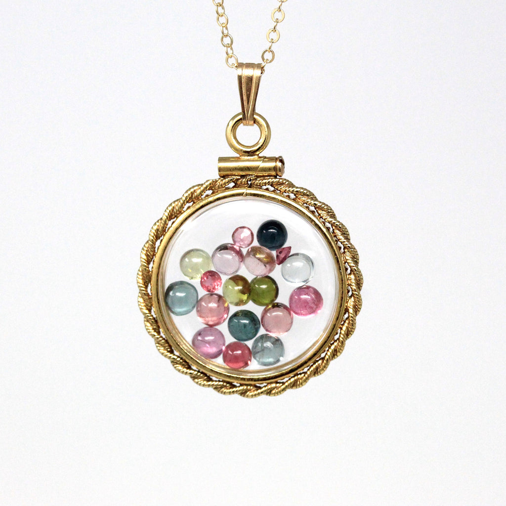 Tourmaline Shaker Locket - Handcrafted 14k Gold Filled Lucite Genuine 2.5 CTW Gemstones Pendant - Watermelon Colored Charm Necklace Jewelry