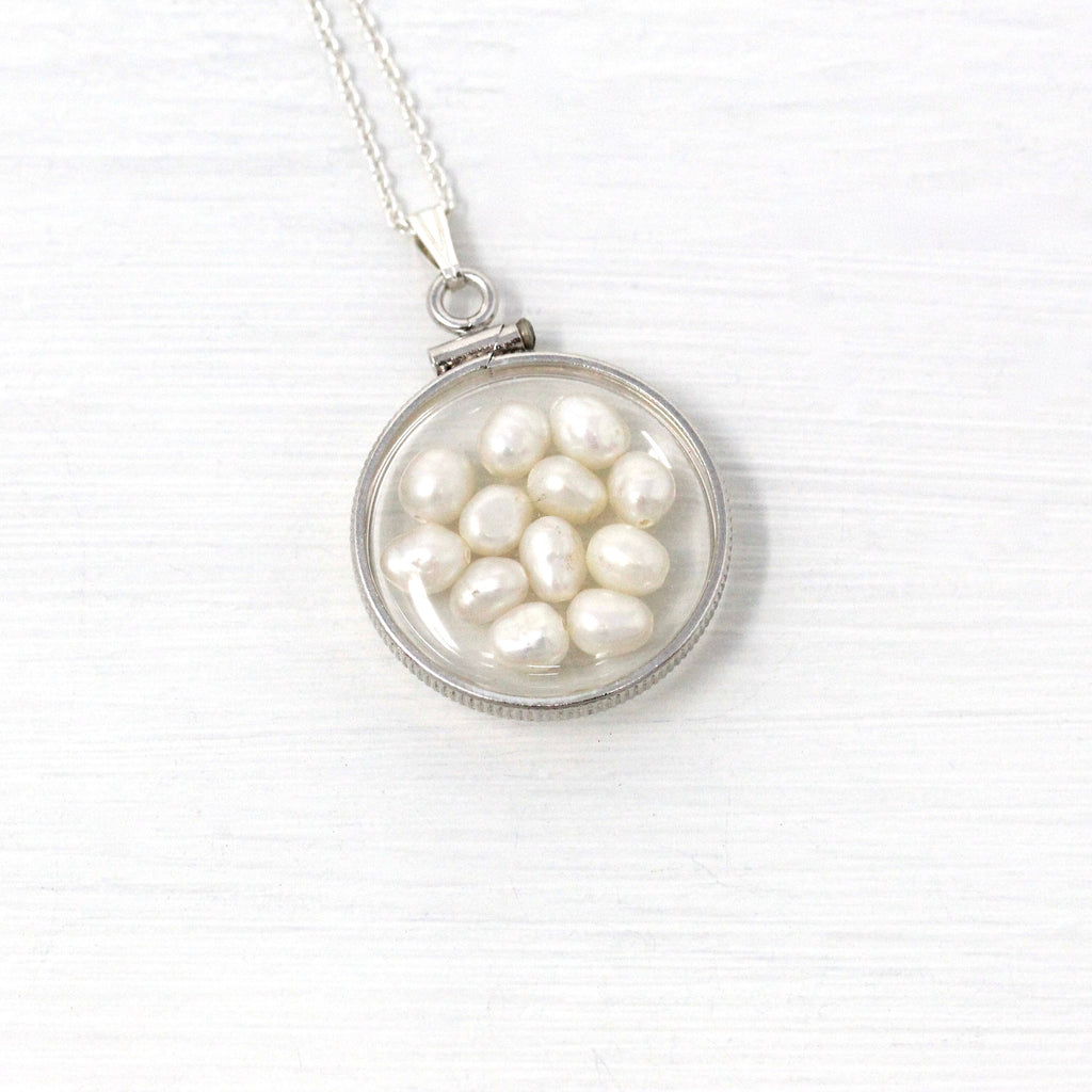 Baroque Pearl Shaker Locket - Handcrafted Sterling Silver Lucite Pendant Necklace Charm - June Birthstone Coin Bezel Nickel Sized Jewelry