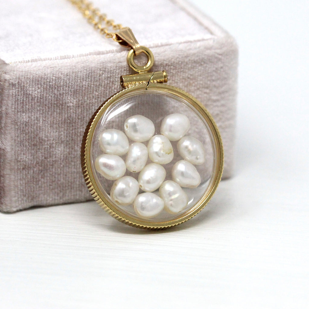 Baroque Pearl Shaker Locket - Handcrafted 14k Gold Filled Lucite Pendant Necklace Charm - June Birthstone Coin Bezel Nickel Sized Jewelry