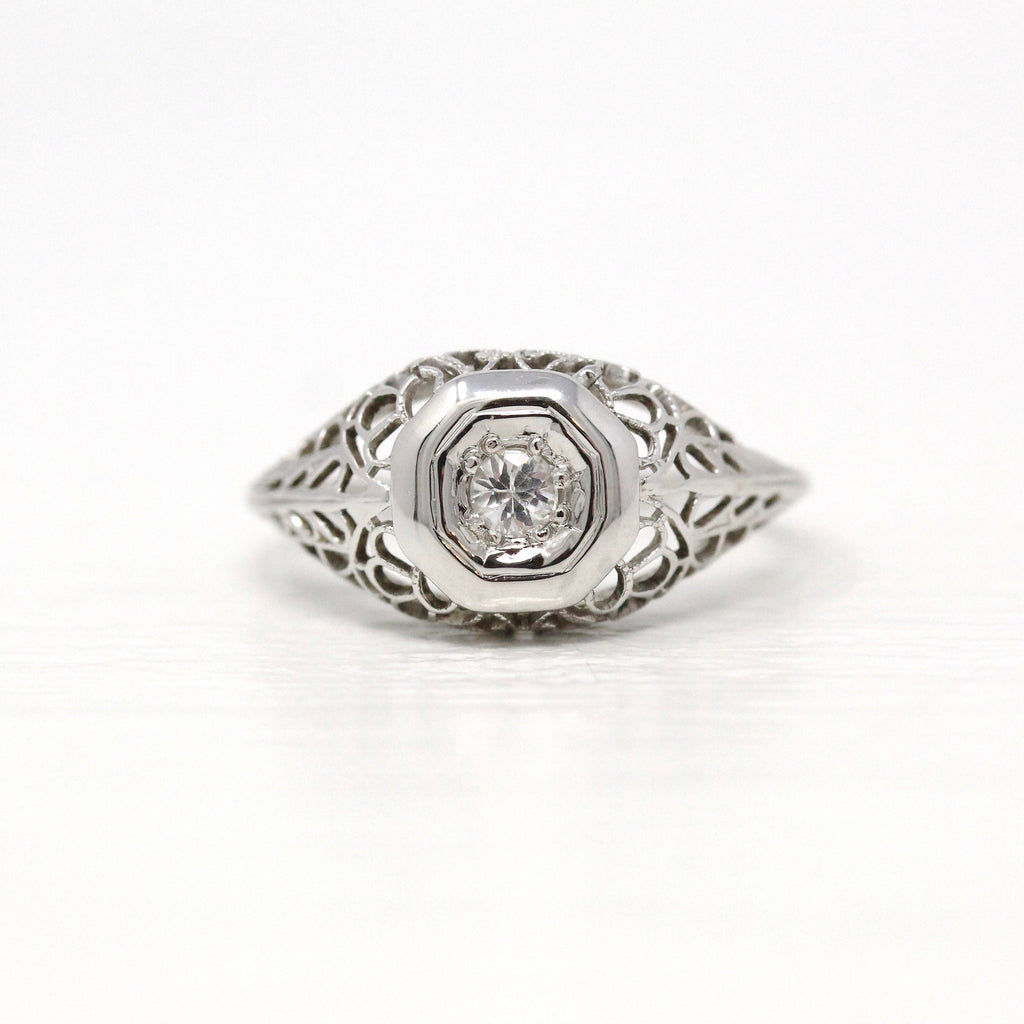 Sale - Created White Sapphire Ring - Antique 18k White Gold Filigree Engagement Fine Jewelry - Vintage 1930 Size 6 3/4 Wedding Flower Bridal