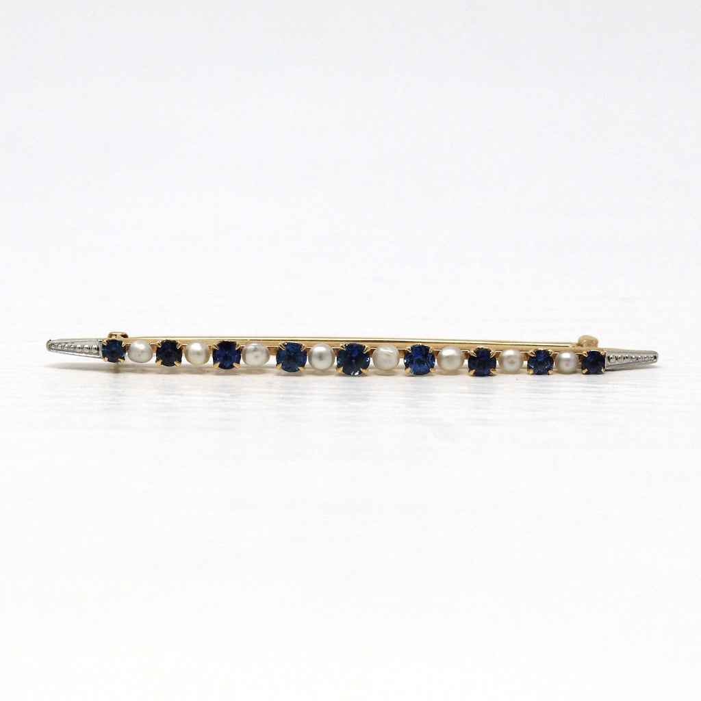Sale - Art Deco Brooch - Antique 14k Yellow Gold Platinum Cultured Pearls Genuine Sapphires Pin - Vintage 1920s Blue Gemstones Fine Jewelry