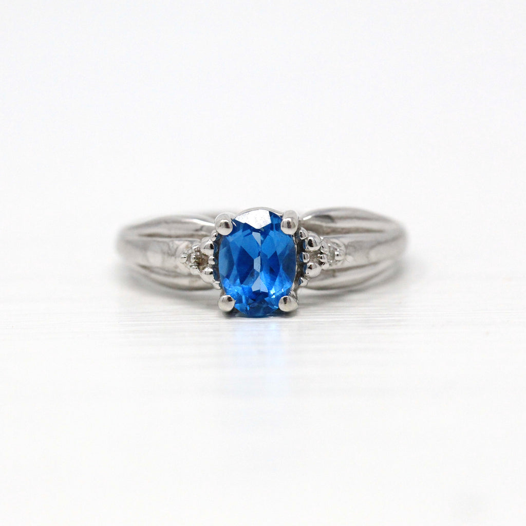 Sale - Created Blue Spinel & Diamond Ring - 10k White Gold Oval Cut 0.48 Carat Blue Gem - Modernist Estate Size 6 3/4 Fine Vintage Jewelry