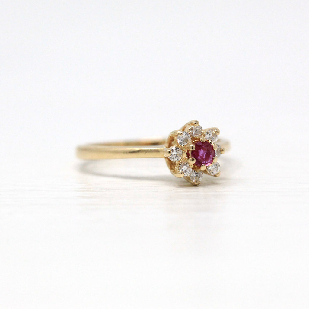 Sale - Floral Cluster Ring - Estate 14k Yellow Gold Diamond .14 CTW Genuine Gem Halo - Size 5 Created Ruby .11 CT Dainty Floral Fine Jewelry