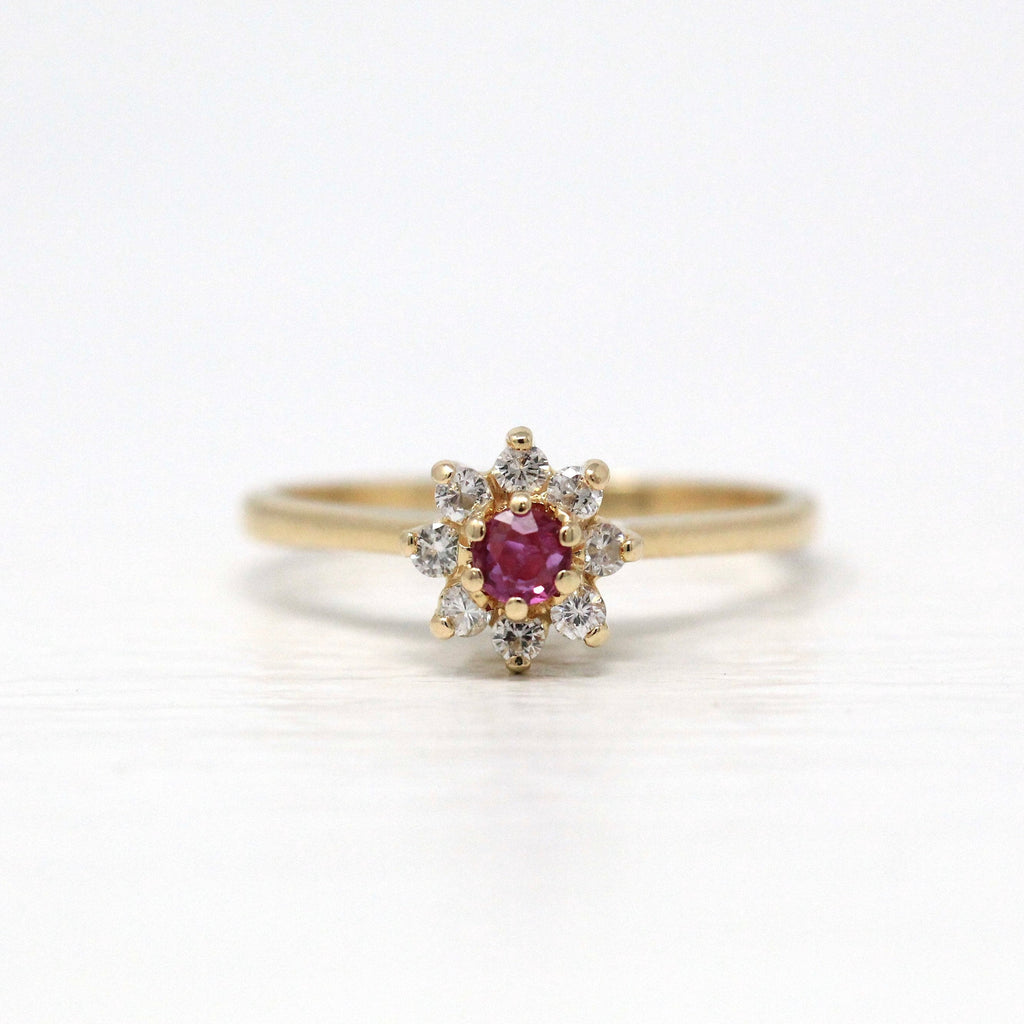 Sale - Floral Cluster Ring - Estate 14k Yellow Gold Diamond .14 CTW Genuine Gem Halo - Size 5 Created Ruby .11 CT Dainty Floral Fine Jewelry