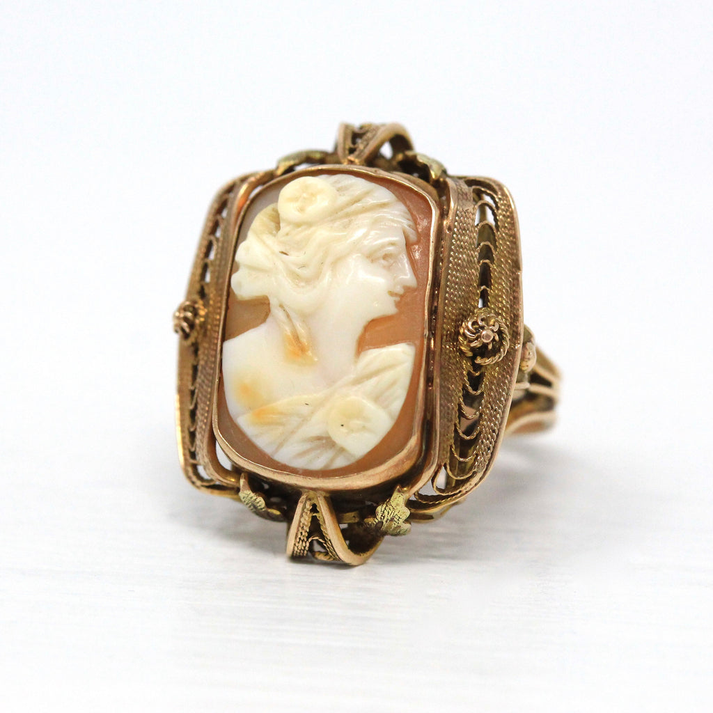 Sale - Vintage Cameo Ring - 10k Rose Gold Carved Shell Statement - 1930s Era Size 5 1/4 Rectangular Pink & White Cannetille Filigree Jewelry