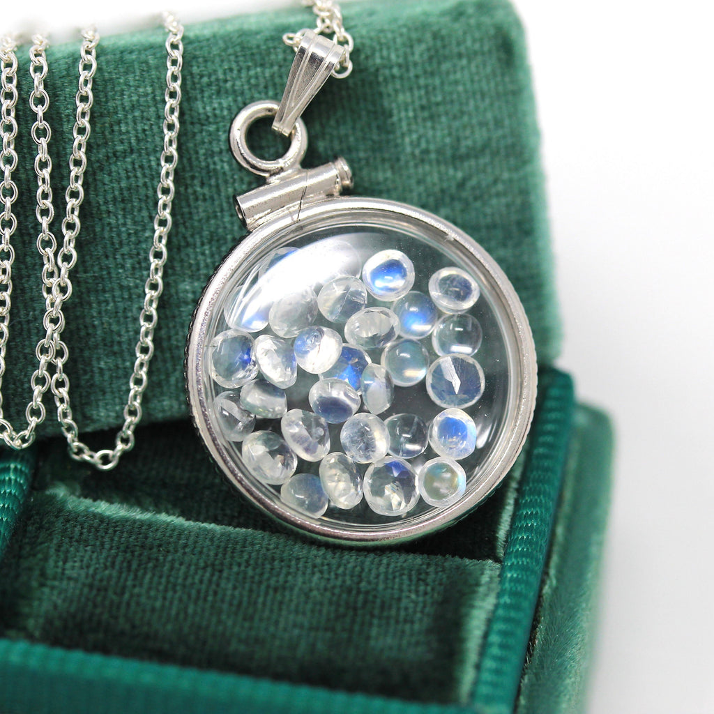 Moonstone Shaker Locket - Handcrafted Sterling Silver Lucite Dime Pendant Necklace Charm - Genuine 2.5 CTW Adularescence Gemstones Jewelry