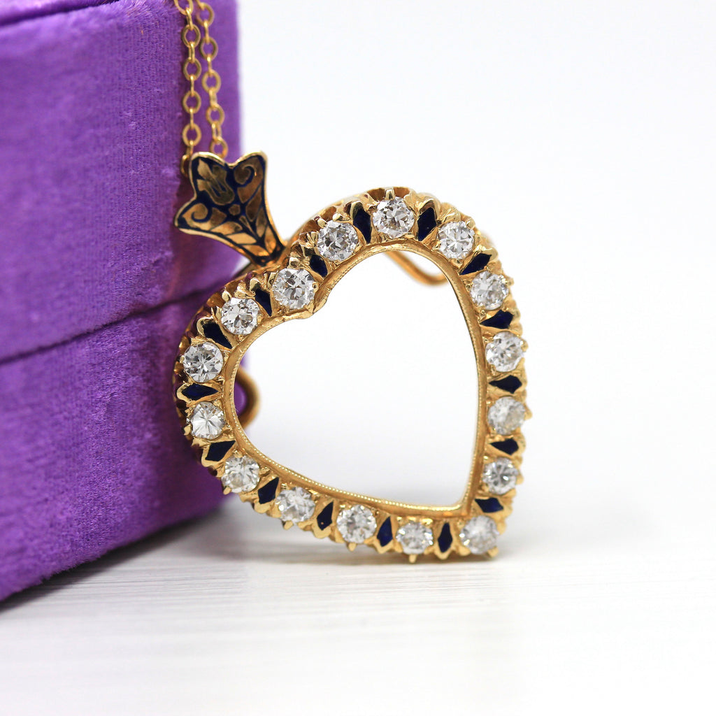 Sale - Diamond Heart Pendant - Vintage 14k Yellow Gold Genuine .72 CTW Gem - Retro Victorian Revival Blue Enamel Brooch Necklace 60s Jewelry