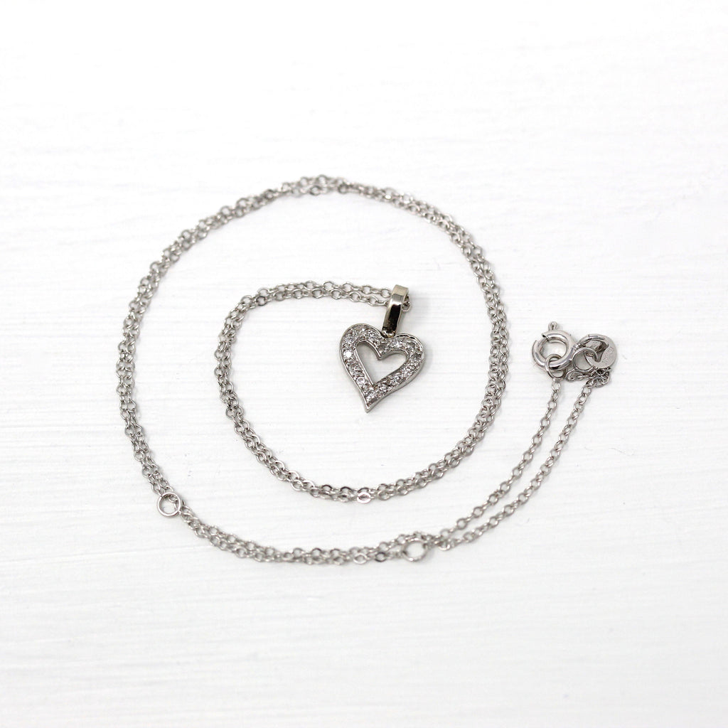 Sale - Diamond Heart Necklace - Retro Era 14k White Gold Genuine .07 CTW Gem Pendant - Circa 1970s Era Valentine's Day Gift Fine 70s Jewelry