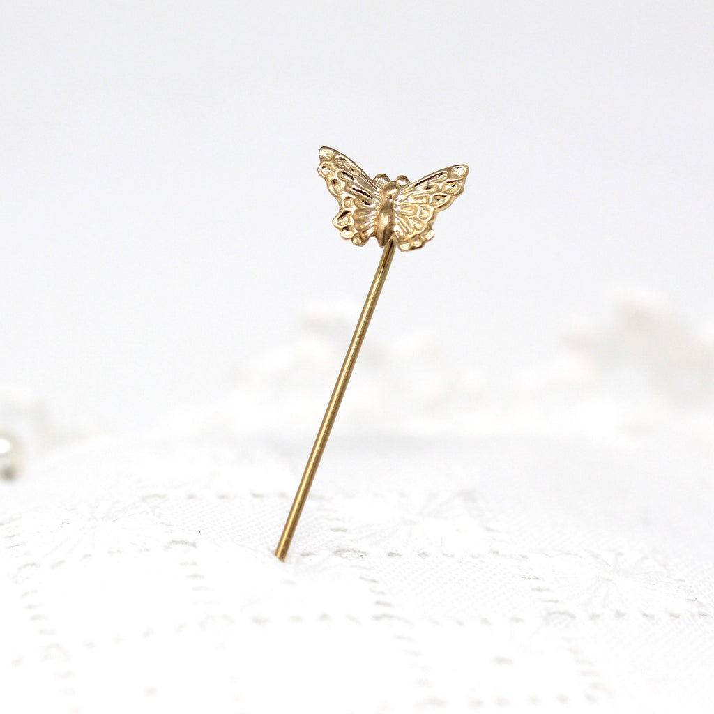Sale - Butterfly Stick Pin - Retro 14k Yellow Gold Figural Winged Bug Neckwear - Vintage Circa 1960s Fine Fashion Accessory Insect Jewelry