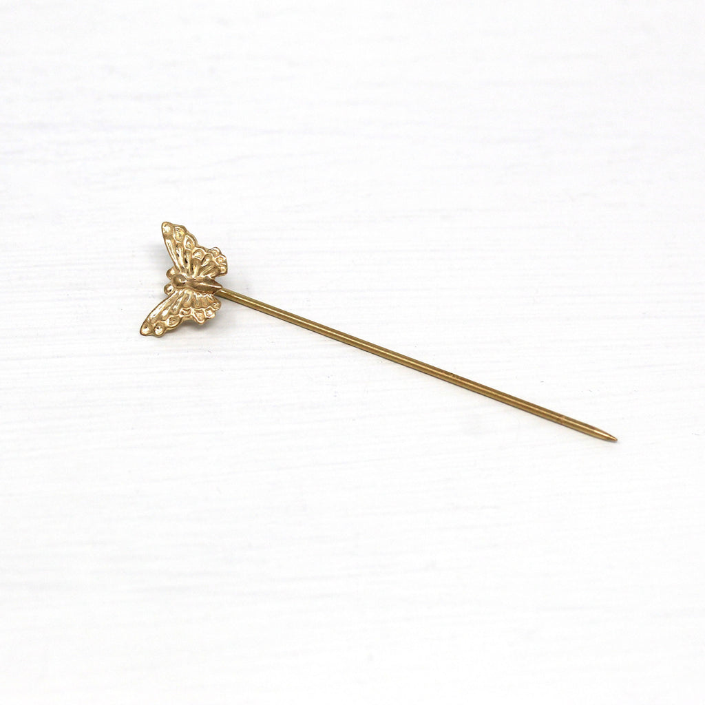 Sale - Butterfly Stick Pin - Retro 14k Yellow Gold Figural Winged Bug Neckwear - Vintage Circa 1960s Fine Fashion Accessory Insect Jewelry