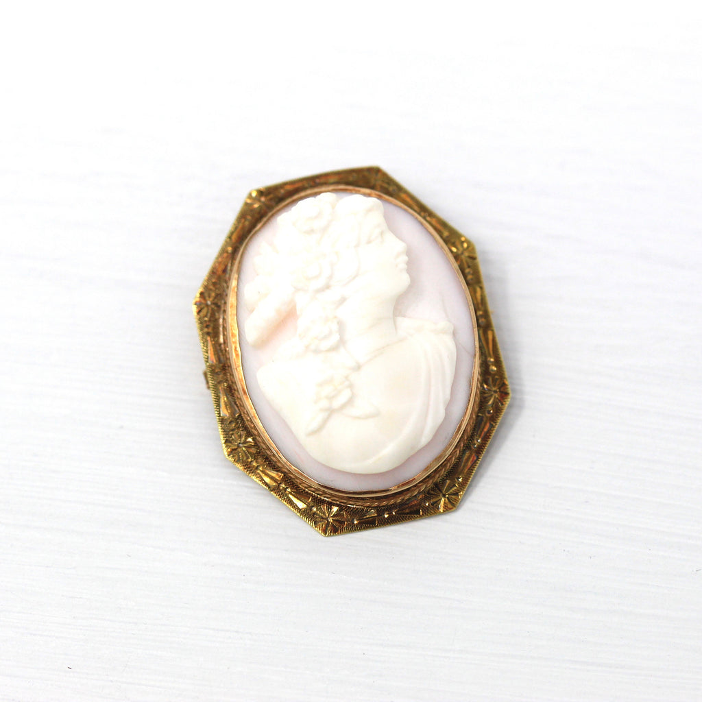 Sale - Antique Cameo Brooch - Edwardian 10k Yellow Gold Oval Carved Light Pink Shell - Vintage 1910s Goddess Flora Pendant Flower Jewelry