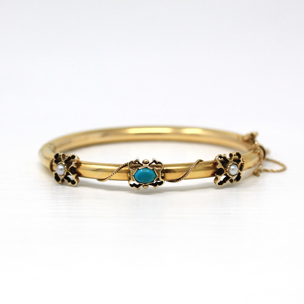 Sale - Antique Turquoise Bracelet - Edwardian 14k Yellow Gold Genuine Gemstone Bangle - Circa 1910s Era Seed Pearl Flower Chain Fine Jewelry
