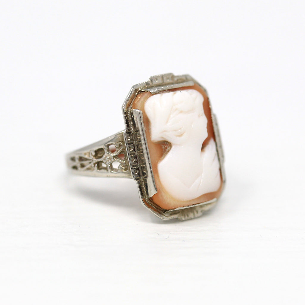 Sale - Vintage Cameo Ring - Art Deco Era 14k White Gold Statement Ring - Circa 1930s Size 5 1/4 Rectangular Carved Pink Shell Fine Jewelry