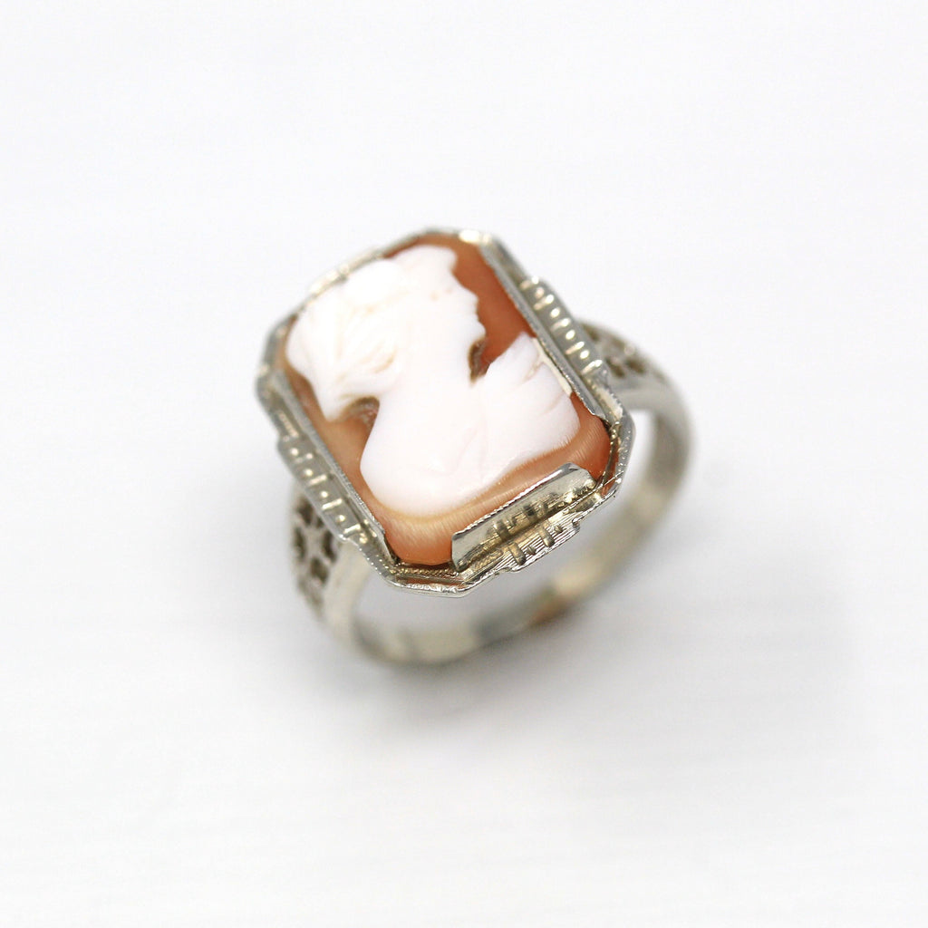Sale - Vintage Cameo Ring - Art Deco Era 14k White Gold Statement Ring - Circa 1930s Size 5 1/4 Rectangular Carved Pink Shell Fine Jewelry