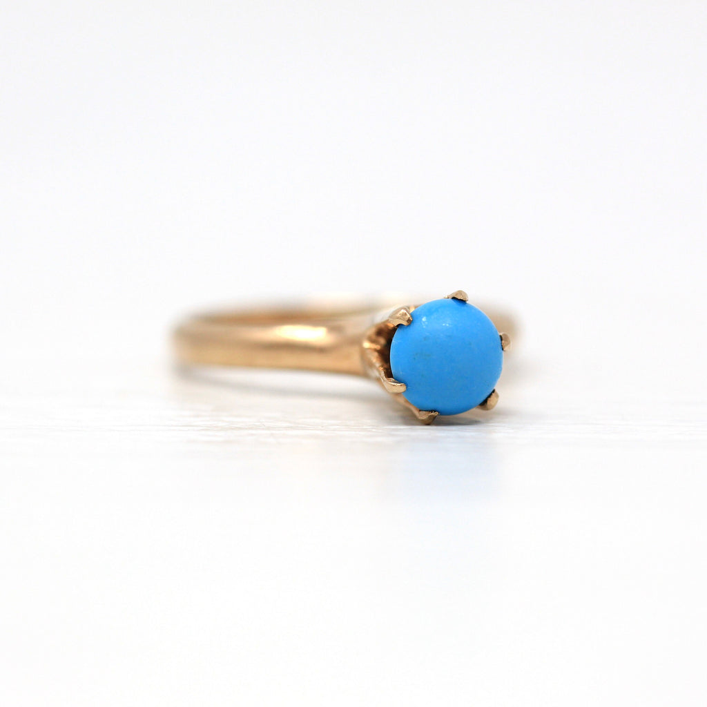 Sale - Vintage Turquoise Ring - 10k Yellow Gold Cabochon Solitaire - Antique Edwardian Size 6 Blue Gem Birthstone Fine December Fine Jewelry