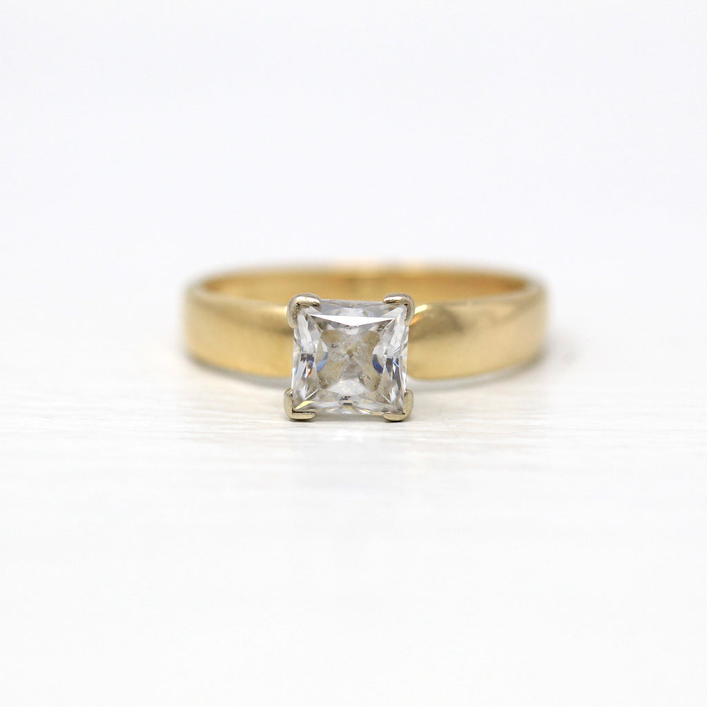 Sale - Cubic Zirconia Ring - Modern 14k Yellow Gold Square Cut Faceted 2.06 CT Stone  - Estate 1990s Size 7 3/4 Engagement Fine 90's Jewelry