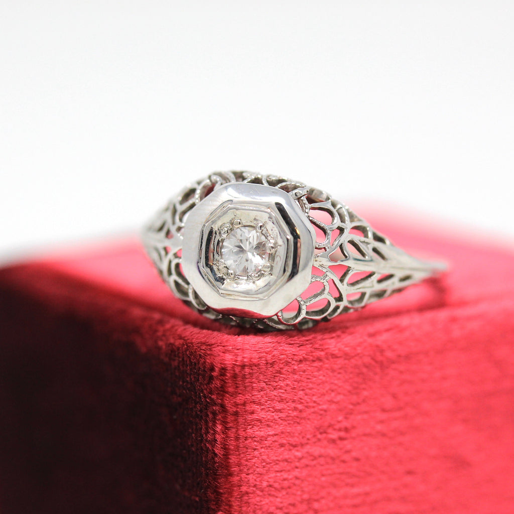 Sale - Created White Sapphire Ring - Antique 18k White Gold Filigree Engagement Fine Jewelry - Vintage 1930 Size 6 3/4 Wedding Flower Bridal