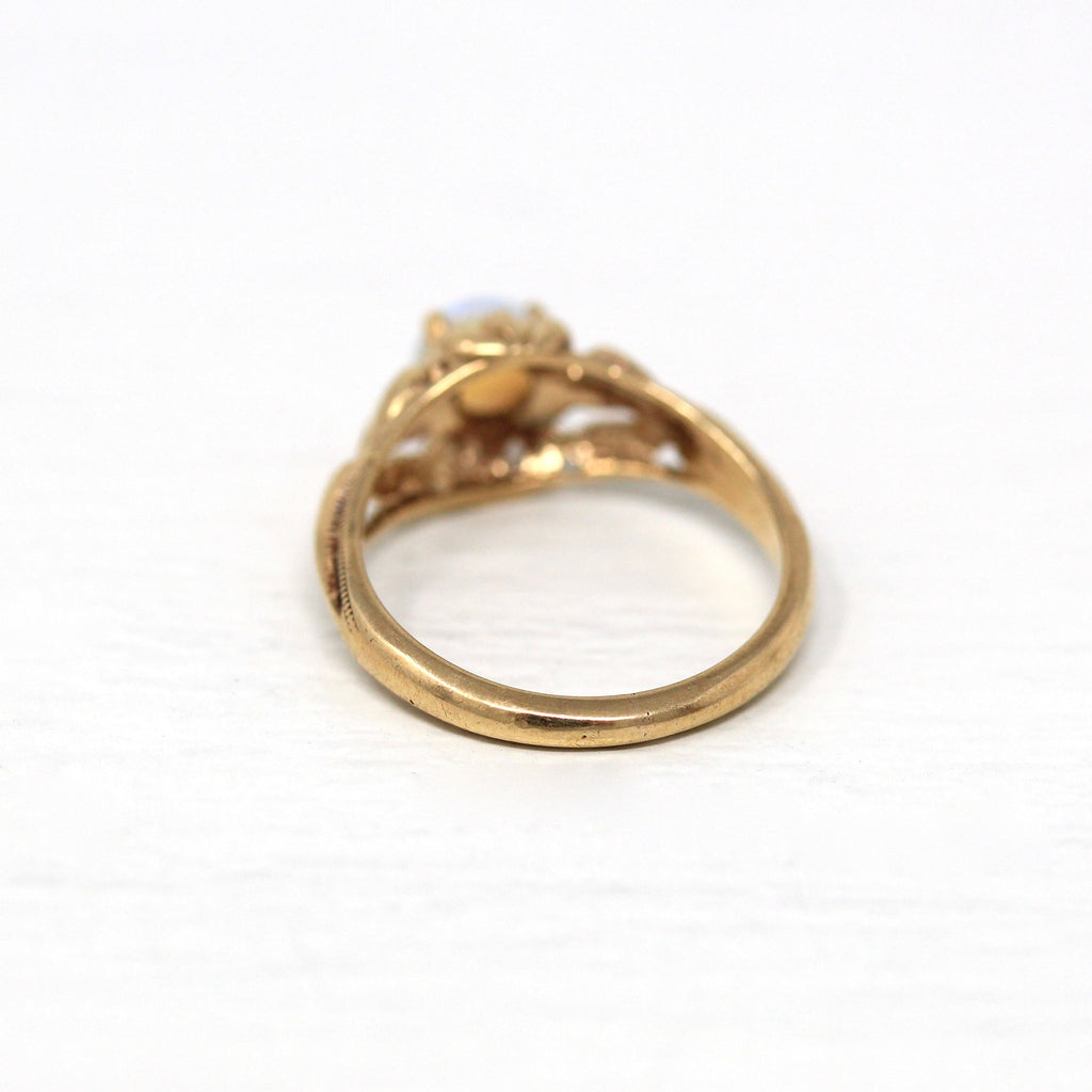 Sale - Genuine Opal Ring - Retro 10k Yellow Gold Round Cabochon Cut .40 CT Gem - Vintage Circa 1940s Era Size 5 Flower Motif Fine Jewelry