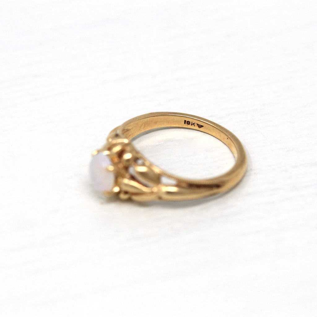 Sale - Genuine Opal Ring - Retro 10k Yellow Gold Round Cabochon Cut .40 CT Gem - Vintage Circa 1940s Era Size 5 Flower Motif Fine Jewelry