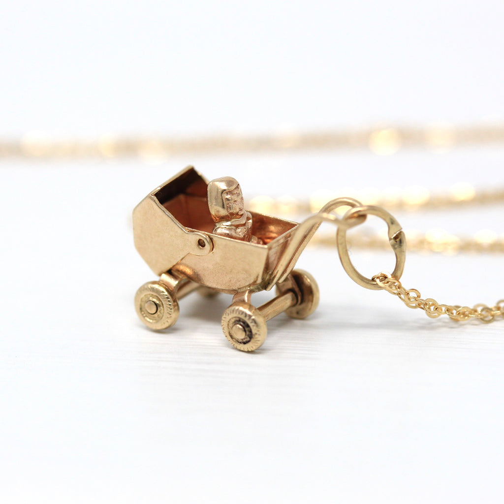 Sale - Baby Buggy Charm - Retro 14k Yellow Gold Pram Carriage Stroller Necklace - Vintage Circa 1960s Era New Mother Gift Pendant Jewelry