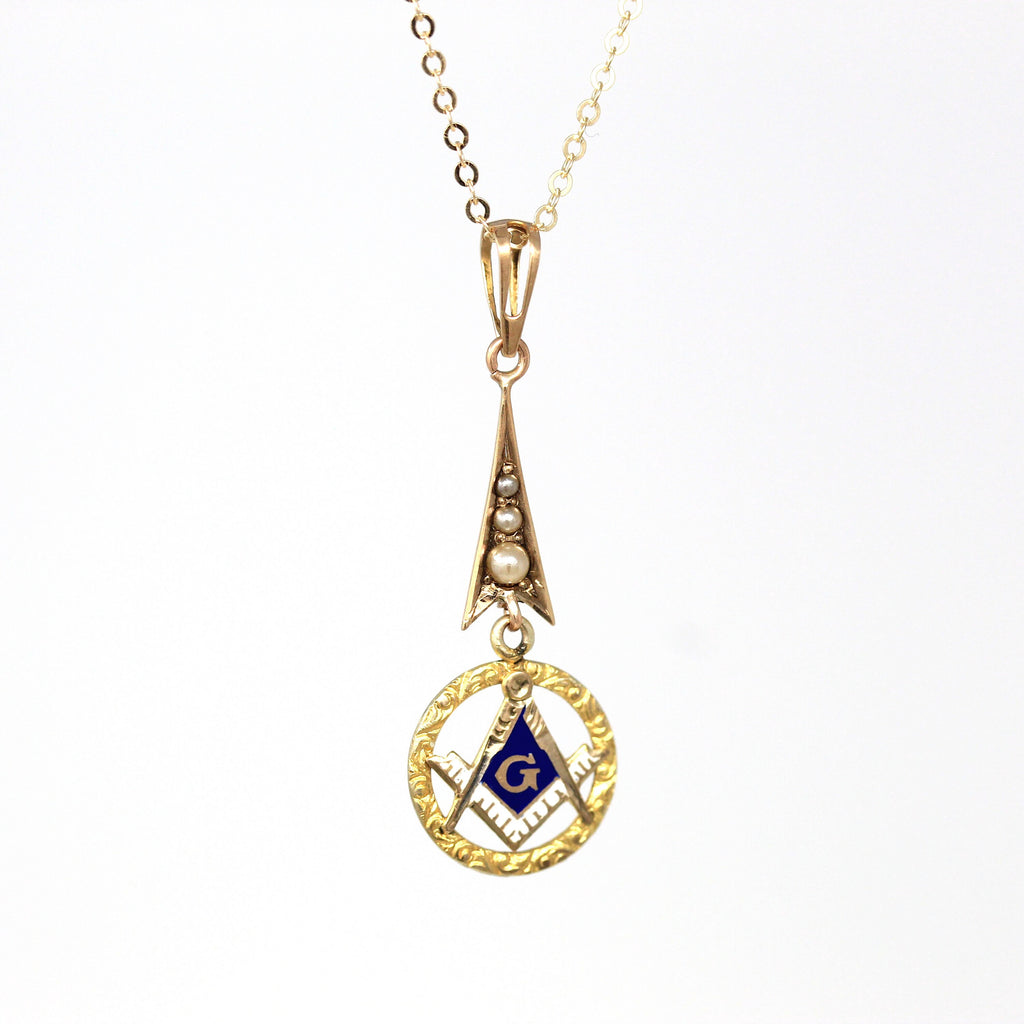 Sale - Antique Freemasonry Lavalier - Edwardian 10k Yellow Gold Seed Pearl Blue White Enamel - Circa 1910s Era Mason Square Compass Jewelry