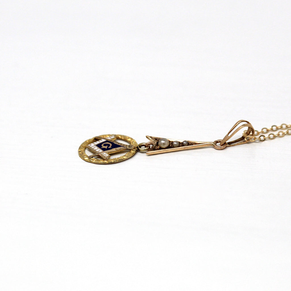 Sale - Antique Freemasonry Lavalier - Edwardian 10k Yellow Gold Seed Pearl Blue White Enamel - Circa 1910s Era Mason Square Compass Jewelry