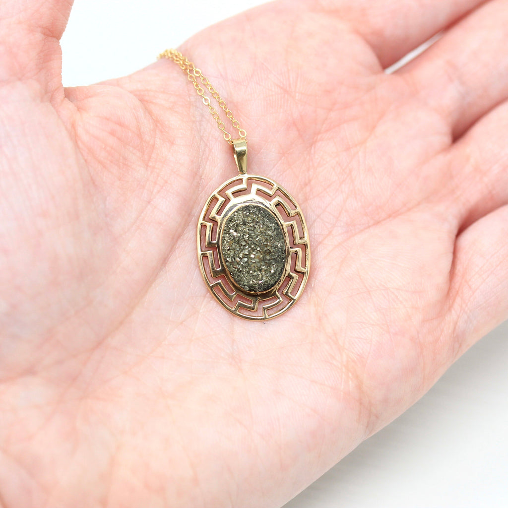 Sale - Genuine Pyrite Pendant - Edwardian 10k Yellow Gold Crystal Cluster Conversion Necklace - Antique Circa 1900s Greek Key Fine Jewelry