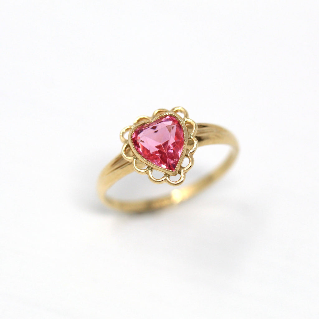 Sale - Pink Heart Ring - Retro 10k Yellow Gold Bubblegum Color Faceted Glass Stone - Vintage Circa 1940s Era Size 4 3/4 Fine PSCO Jewelry