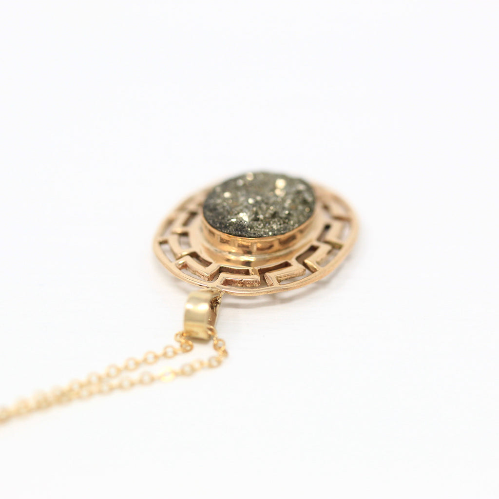 Sale - Genuine Pyrite Pendant - Edwardian 10k Yellow Gold Crystal Cluster Conversion Necklace - Antique Circa 1900s Greek Key Fine Jewelry