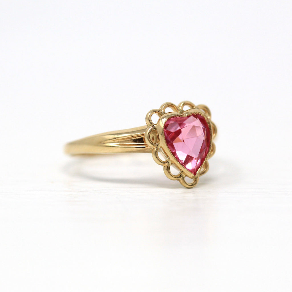 Sale - Pink Heart Ring - Retro 10k Yellow Gold Bubblegum Color Faceted Glass Stone - Vintage Circa 1940s Era Size 4 3/4 Fine PSCO Jewelry