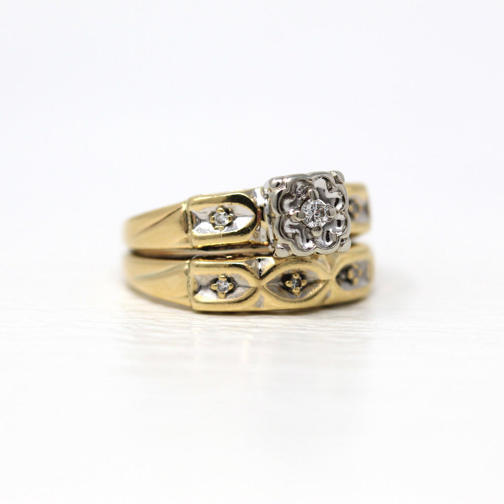 Sale - Wedding Ring Set - Retro 10k Yellow & White Gold Genuine .09 CTW Gemstones - Vintage Circa 1940s Era Size 5 3/4 Engagement Jewelry