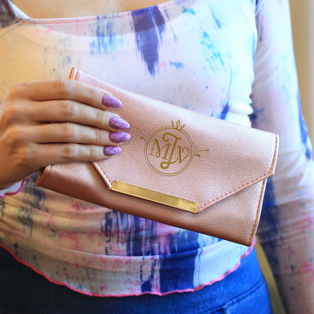 Jewelry Traveling Clutch - Pink Blush Gold MJV Logo Carrying Case - Earrings, Rings, Bracelets, Necklaces, Fold Over Storage, Vegan Leather