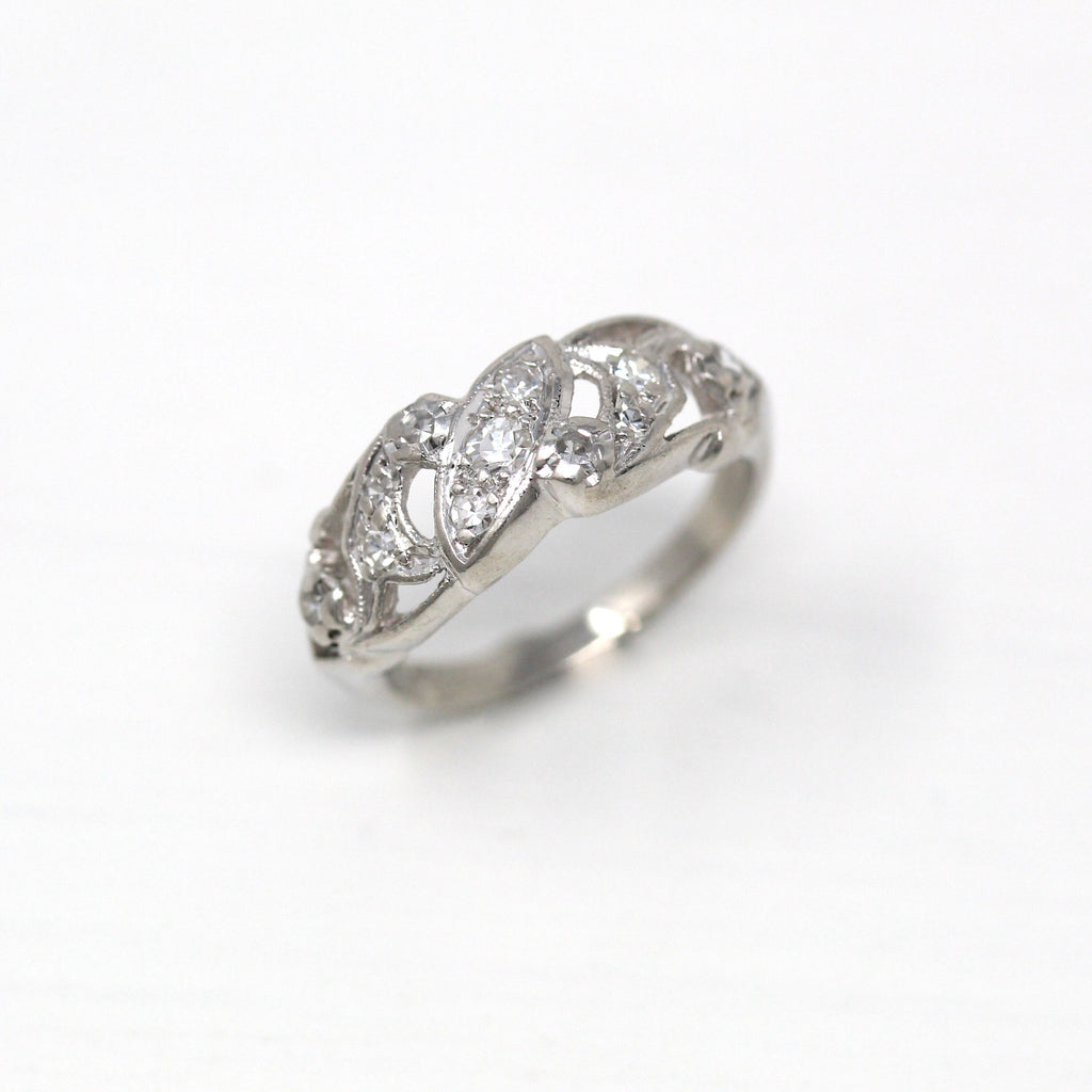 Sale - Mid Century Ring - Vintage Platinum Genuine Single Cut Diamonds Band - Circa 1950s Era Size 4 Anniversary Engagement Milgrain Jewelry