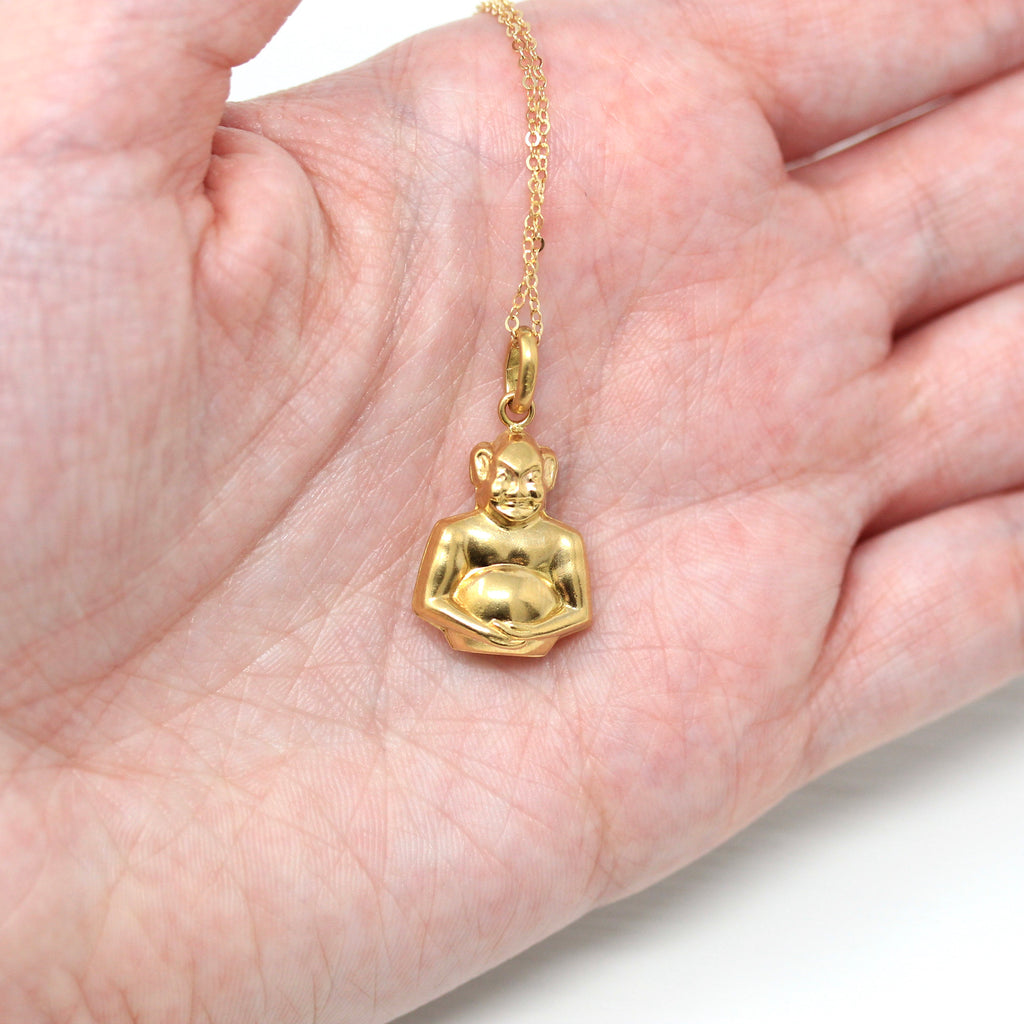 Sale - Modern Figural Charm - Estate 18k Yellow Gold Smiling Billiken Character Pendant Necklace - 2000s Era Lightweight Hollow Fine Jewelry
