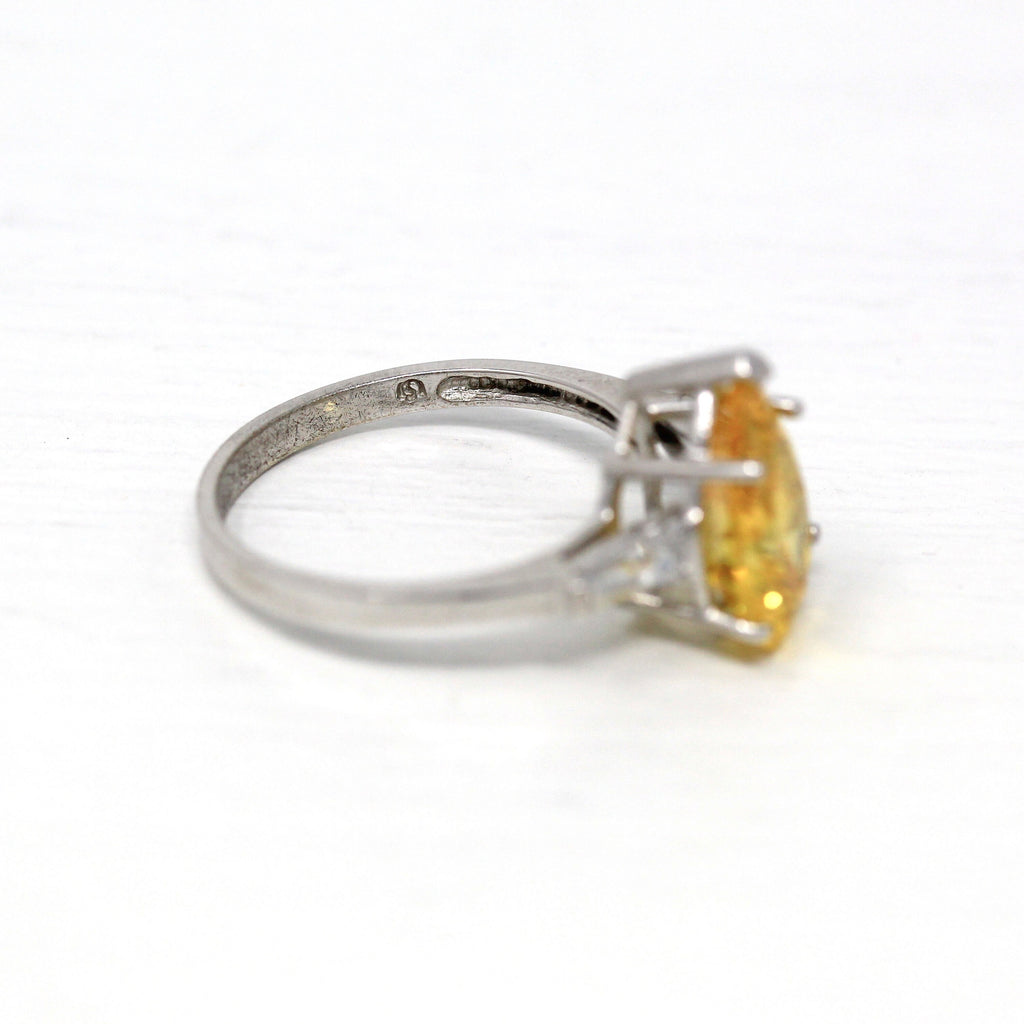 Sale - Modern Statement Ring - Estate 14k White Gold Pear Cut Yellow Cubic Zirconia - Circa 2000s Size 9 3/4 Diamond Alternative CZs Jewelry