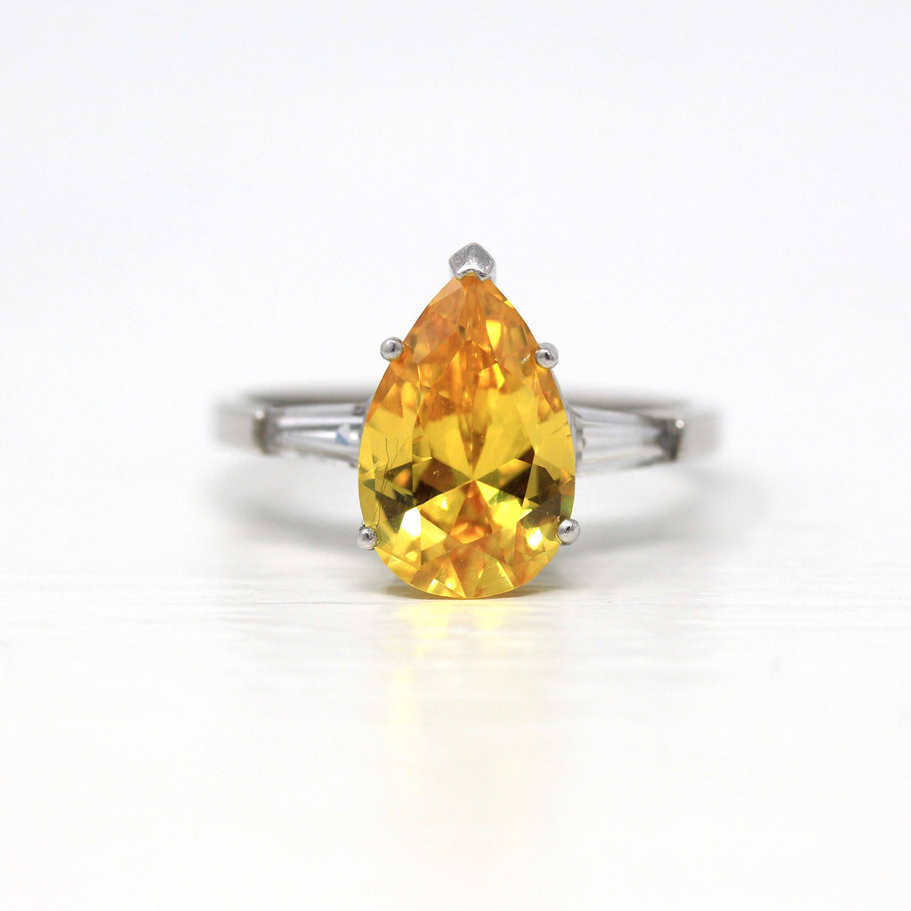 Sale - Modern Statement Ring - Estate 14k White Gold Pear Cut Yellow Cubic Zirconia - Circa 2000s Size 9 3/4 Diamond Alternative CZs Jewelry