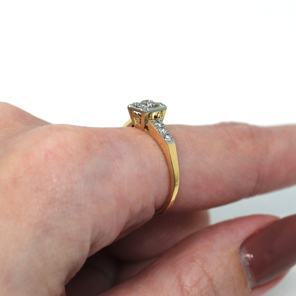 Sale - Vintage Engagement Ring - Retro 14k 18k Yellow White Gold Genuine .42 CTW Diamonds - 1940s Size 6 1/2 Promise Wedding Bridal Jewelry