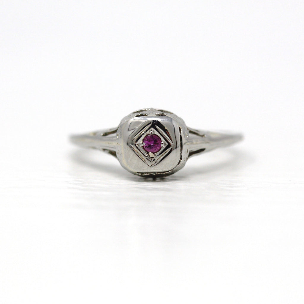 Sale - Filigree Ruby Ring - Art Deco Era 18k White Gold .05 CT Genuine Pink Gemstone - Circa 1930s Vintage Size 5.25 Solitaire Fine Jewelry