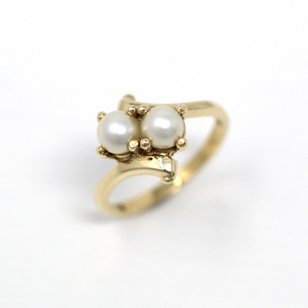 Sale - Cultured Pearl Ring - Retro 10k Yellow Gold Toi Et Moi Two Gem Bypass Statement - Vintage 1940s Size 5 June Birthstone Fine Jewelry